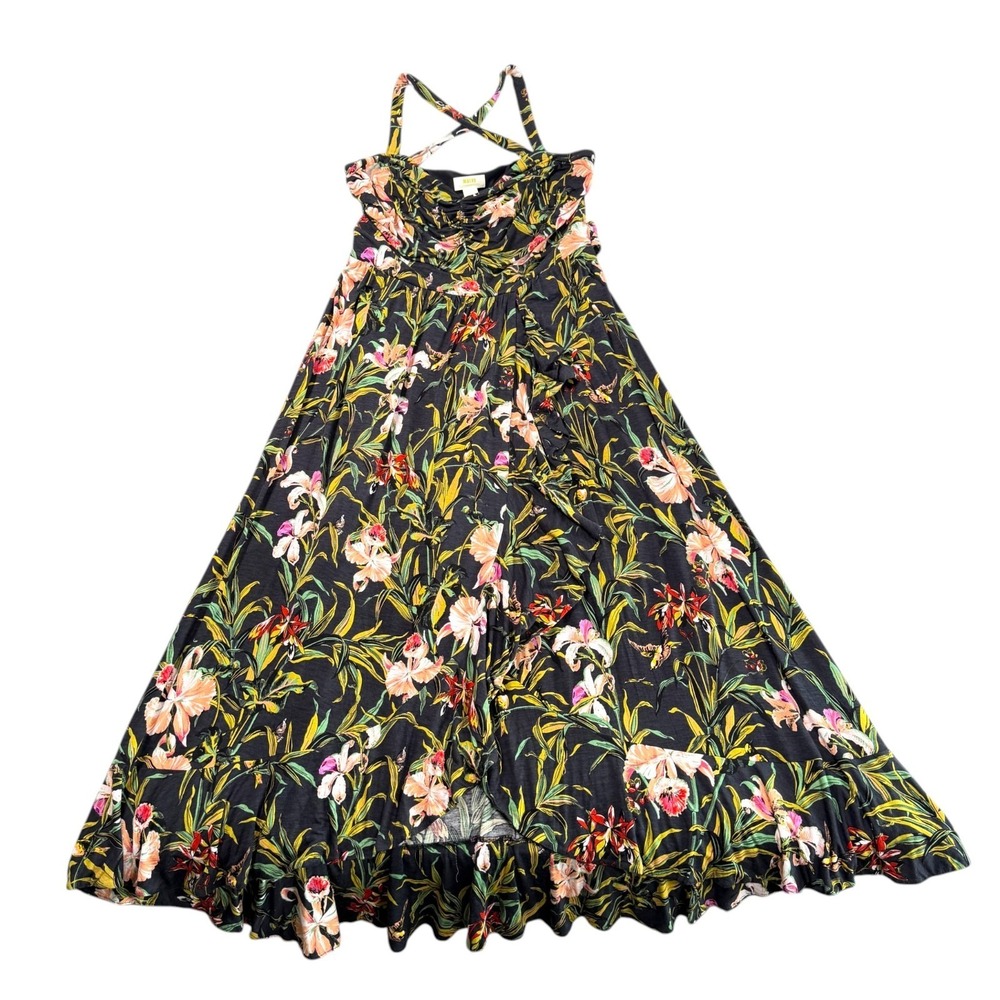 Maeve Anthropologie Gabriela Floral Maxi Dress Sz XL Black Criss Cross Back Boho - Picture 6 of 11